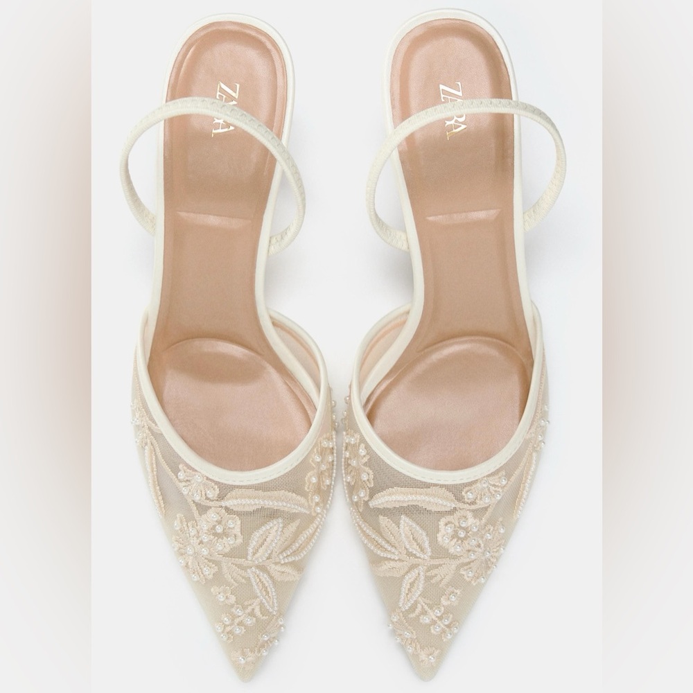 NWT Zara Embroidered Mesh Beaded Slingback Heels